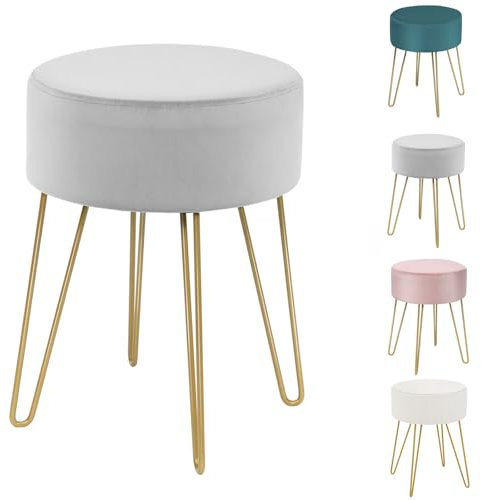 HOMASIS runder Hocker für Schminktisch, Sitzhocker aus Samt, Kleiner Fußhocker mit goldenen Metallbeinen, eleganter Polsterhocker, Schminkhocker für Wohnzimmer Schlafzimmer, 34 x 46 cm (Grau)