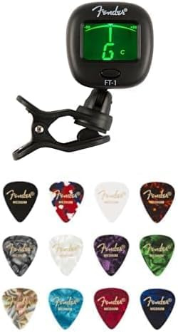 Fender FT-1 Pro Accordeur à Pince, Pour Guitares Electrique, Acoustiques & Basses, Noir & 351 Shape, Mediators en Celluloïd Medley, Paquet de 12, Moyen