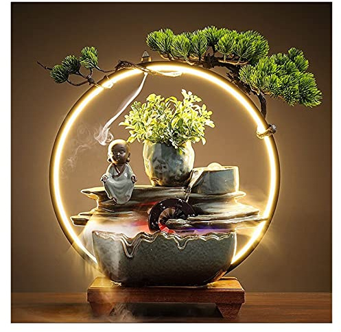 Fuente de Mesa Fuente de Cascada Zen de Mesa for Interiores con luz LED, Fuente de Agua Relajante de Escritorio for Dormitorio, Sala de Estar, Oficina (17,7 Pulgadas de Altura) Fuente de Interior