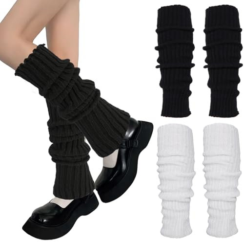 Teaaha 2 Pairs Leg Warmers Ladies 80s 90s White Black Leg Warmer for Women Winter, Soft Warm Leg Warmwrs Outfit Fashion Knit Neon Ribbed Leg Socks Y2k Legwarmers for 80s Party, Yoga, Ballet & Dance