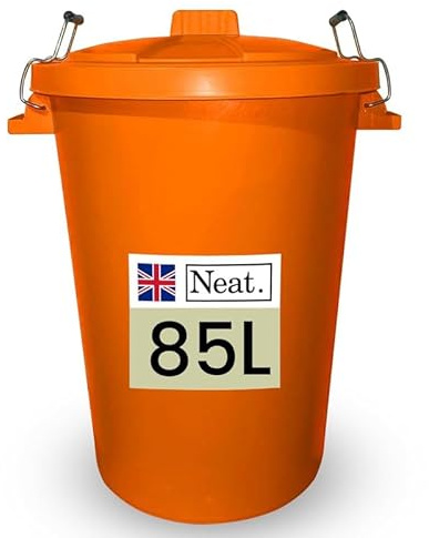 Neat. Extra Large Plastic Dustbin with Clip Locking Lid - Heavy Duty Garden Bin for Rubbish, Recycling, Animal Feed, and Storage, 85 Litre, Orange, Pack of 1