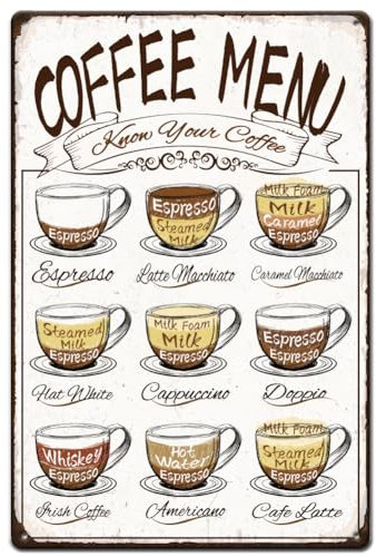 SUPERDANT Letreros de metal para menú de café, letrero de lata de café, letrero de arte campestre, placas de pared, póster de hierro para cocina, comedor, bar, pub, decoración vintage, regalo de