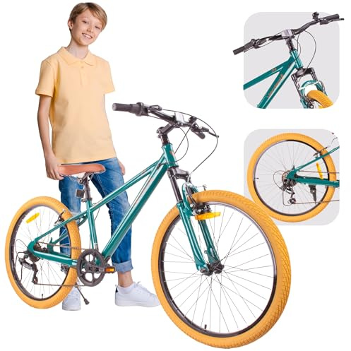 sun baby Jungenfahhrad 24 Zoll von 8 Jahre, Verdant Rowan Jungen Bike mit 7 Gang Shimano, Kinderfahrrad mit mit V-Bremsen, Stoßdämpfer, Klingel, Seitenständer (Grün mit Stoßdämpfer)