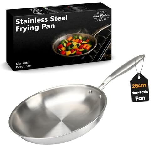 MISL HOME - Triple Layer Stainless Steel Pan - 26cm Frying Pan - Heavy Duty Stainless Steel Frying Pans with Firm Handle for Everyday Home Cooking and Searing - Ideal for Fish, Meats, and Family Meals