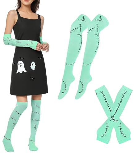 AKFJDLAD Halloween Costume Accessories for Women Arm Sleeves Over Knee Socks Set Scar Sleeves and Over Knee Socks (Standard)