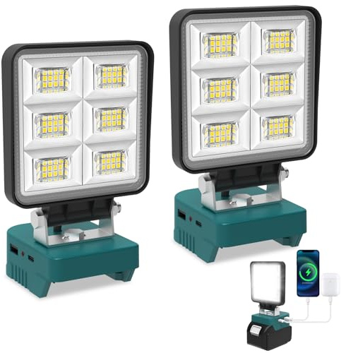 T-SUN 2 Pack Cordless Work Light Compatible with Ma-Kita 18V/20V Battery | 48W 5200LM Spotlight LED Wide Beam with Low Voltage Protection & USB-C for Emergency Workshop Jobsite Garage (No Battery)