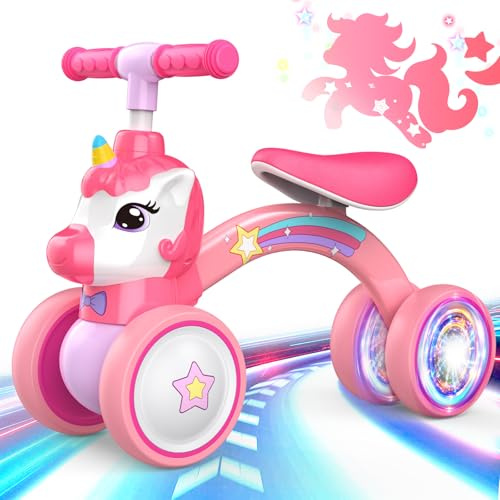 Dromlag Unicorn Balance Bike 1 2 Year Old, 2 Wheels Lighting Ride On Toys for 1 2 Year Old Girls Gifts, Toddler Girl Toys Age 1-2 Baby Toys 10-24 Months Old Christmas Xmas 1st Birthday Gifts Presents