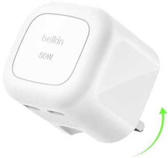 Belkin 2-Port USB-C Plug 50W, Dual-Port GaN Charger with 2x USB C Ports, Fast Charging for MacBook, iPhone 16, iPad Pro, Chromebook, Galaxy S25 Ultra, Pixel 9, etc. - Travel Essentials - White