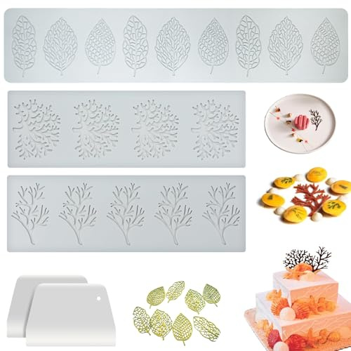 Eowppue Set di 3 stampi in Silicone per Foglie e Rami, 2 Misure (12 Foglie 39x7,8 cm, 5 Rami 29,4x9,7 cm), stampi in Silicone per Decorazioni, Resistente e Flessibile, per Dolci, Cioccolato, e Decor