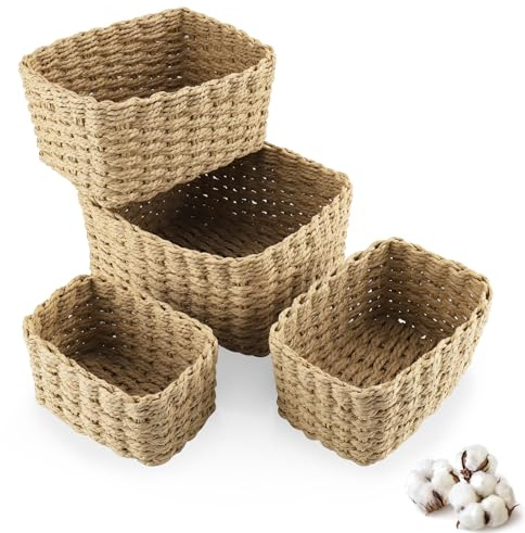 Foymlon 4 PCS Cestino Portaoggetti Bagno, Organizer Bagno Portaoggetti Impilabile, Cestino Vimini Piccolo Possono Essere Utilizzati per Contenere Giocattoli e Cosmetici, Adatti per Cucina, Soggiorno
