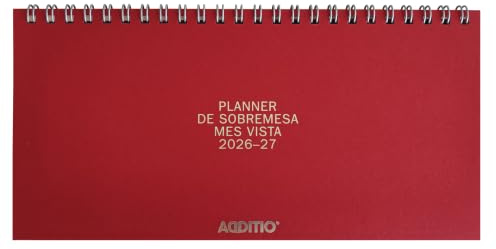 ADDITIO Planner de Sobremesa Mes Vista | Planificador Mensual Compacto 21 x 10 cm | 48 Páginas con Calendario y Notas | Doble Espiral | Papel Munken 100 g | Org. de Escritorio | Rojo | Castellano