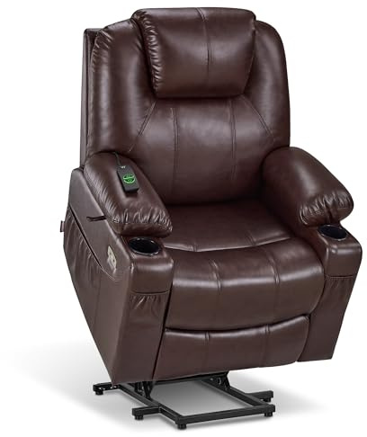 MCombo Electric Power Lift Recliner Chair Sofa with Massage and Heat for Elderly, 3 Positions, 2 Side Pockets, and Cup Holders, USB Ports, Faux Leather 7040 (Dark Brown, Medium)
