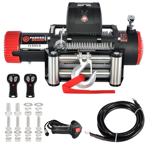ParkerBrand.com 12V 13,500lb (6-Ton) Electric Recovery Winch – 6.5HP Motor – Steel Cable – Wireless & Wired Remote