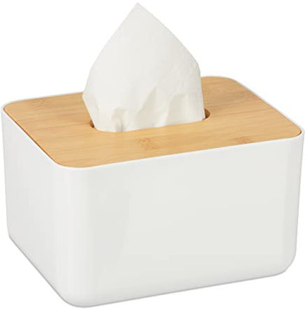 Relaxdays Tücherbox mit Deckel aus Bambus, fürs Bad, modernes Design, Kunststoff, H x B x T: 10 x 17 x 13 cm, weiß/natur