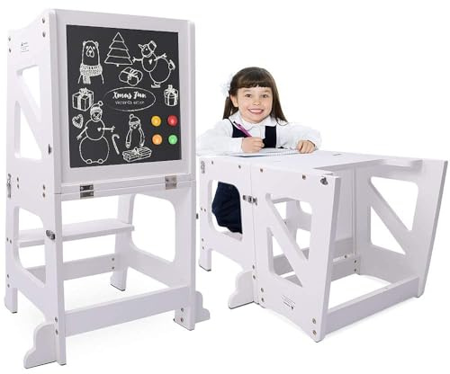 YOLEO Torre Montessoriana Bambini, 3 in 1 Torre Montessoriana Pieghevole, Multifunzionale Learning Tower, Torre di apprendimento con Lavagna Magnetica Bifacciale (Bianco)