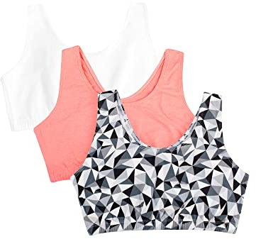 Fruit of the Loom Women's Built Up Tank Style Sports Bra Fashion Colors, Opaque, Kaleidoscope/White/Punchy Peach, 38 (Pack of 3)