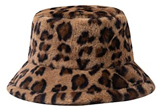 JIHUOO Kunstpelz Fischerhut Flauschige Wintermütze Eimer Hut Breite Krempe Fellmütze Winter Warme Mütze Hut für Mädchen Damen Leopard