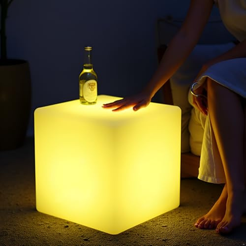 COPU 16-inch LED Cube Light, Rechargeable Cube Light Table w/Remote, 16 Colors Dimmable Glow Lamp Chair, Waterproof Glowing LED Furniture Side Seat Mood Lighting for Home Party Patio Decor