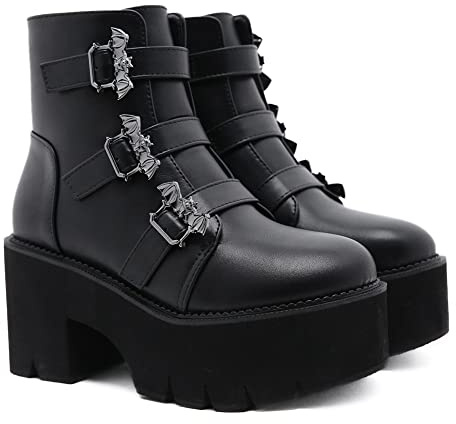 HOTRA Botas de Plataforma para Mujer Botas Góticas de Tacón Grueso para Cosplay Bota de Caballero con Hebillas Punk Botines con Punta Redonda (Color : Negro, Size : 39 EU)