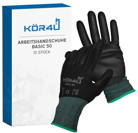 kör4u 10 Paar Arbeitshandschuhe Basic, atmungsaktiv und beschichtet, als Schutzhandschuhe, Gartenhandschuhe Damen und Mechaniker Handschuhe geeignet, mit hochwertiger PU-Beschichtung, dünn und leicht