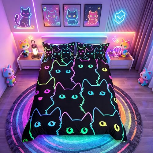 Set di biancheria da letto con disegno di gatto per ragazze, ragazzi, bambini, gatti domestici, copripiumino simpatico gattino luminoso neon copripiumino colorato 3D animale amante dei gatti