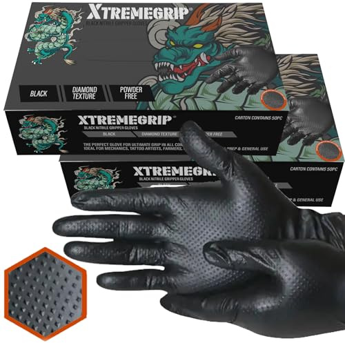 Xtremeauto Black Nitrile Gloves - Diamond Grip, Extra Thick & Strong for Mechanics - Disposable, Powder-free & Latex Free (2 Boxes, Large)