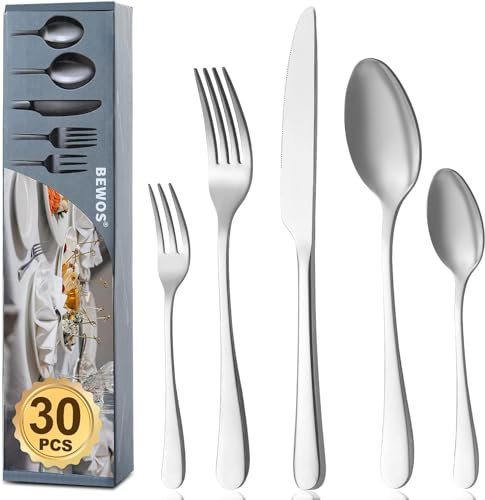 BEWOS Cubiertos Plata Mate para 6, Cuberteria de 30 Piezas que Incluye Cuchillo, Tenedor, Cuchara, Cubiertos Acero Inoxidable, el Juego de Cubiertos se utiliza en Hogares, Apto paraLavavajillas