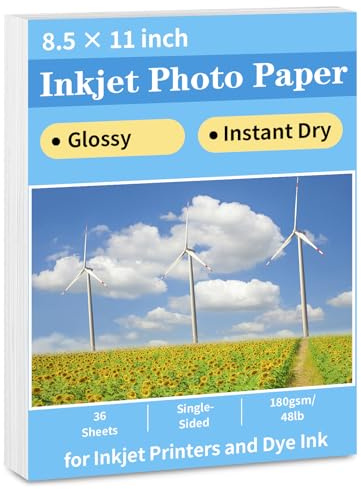 Reastar Glossy Photo Paper 8.5 x 11, 36 Sheets Inkjet Photo Printer Paper, Instant Dry Picture Paper for DIY Chip Bag, Flyers, Cards, Calendars and Brochures(180gsm/48lb)