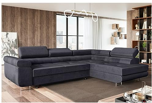 MEBLINI Schlafcouch mit Bettkasten - Ecksofa mit Schlaffunktion - Sofa mit Relaxfunktion und Kopfstützen - Couch L-Form - Eckcouch - Wohnlandschaft - MALIBA - 277x203x63cm Rechts - Dunkelgrau Samt