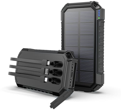 Cargador Solar 27000mAh, Hiluckey 15W Portátil Power Bank con 3 Cables y 3 Puertos, USB C Carga Rápida Imperable Batería Externa para Smartphones, Tabletas y Acampar al Aire Libr