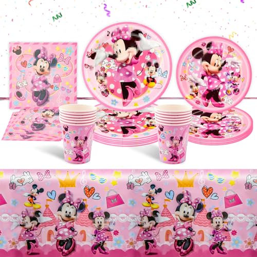 Luchild Minnie Pappteller Kindergeburtstag Deko- 51PCS Rosa Minie Mouse Geburtstag Geschirr Kit Partygeschirr Party Supplies Set Teller Tischdecke Servietten Tassen Mädchen Geburtstagsdeko Kinder