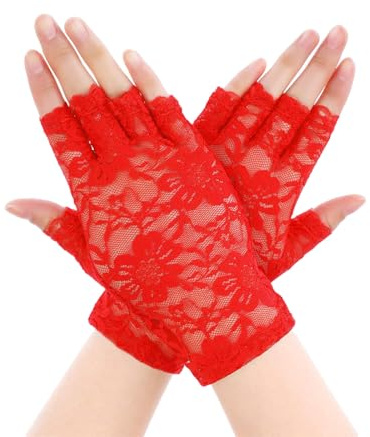 Lufdegim Damspetshandskar, nät blommor handskar, korta halvfinger fingerlösa gloves, spets korta handskar, brud spetshandskar för kväll, halloween bröllop, cosplay, fest, kostymtillbehör, röd,