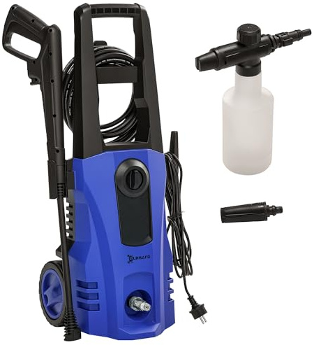 DURHAND Hochdruckreiniger mit 6 m Hochdruckschlauch, 150 bar Arbeitsdruck mit Rollen, 1800 W, inkl. 5-TLG. Zubehör, max. Wassermenge: 510 l/h, für Garten, Blau