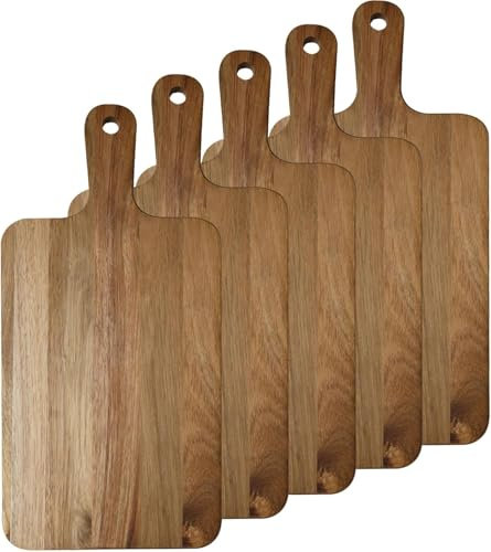 5 Pack Acacia Wood Cutting Board with Handle Wooden Chopping Boards Kitchen Cutting Board for Meat Bread Fruit Cheese Serving Board Charcuterie Boards Chopping Blocks, 40 x 20 x 1.7 cm