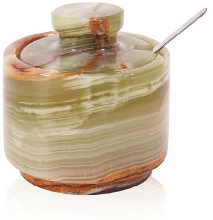 Bodega de sal de mármol con tapa y cuchara, recipientes de sal escamosa de ónix verde de 3 pulgadas para encimera, azucarero de mármol y cuenco de sal