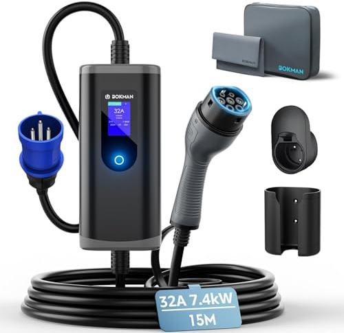 bokman wallbox 7,4 kw typ 2 CEE [15 meter | 6–32A | IP65 vattentät] elektrisk billådare med CEE-kontakt, kompatibel med modell Y/3, Q4, e-208, 500e och andra EV/PHEV