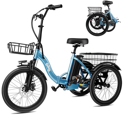 Qlife Triker Electric Bike, Peak 750W Brushless Motor Folding Trike Ebike, 468Wh Removable Battery, Step-Thru 3 Wheel Electric Bicycle, Up to 50 Miles, 20 Tire Tricycle for Adults Blue