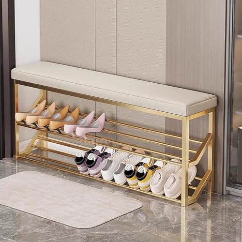 BAYTEWJX Upholstered Shoe Rack Bench Metal Shoe Storage Rack 2-Layer Shoe Changing Bench Easy to Install for Entryway Bedroom Living Room.(Off-White,15.7x7.9x18.9in)