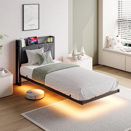 HAHRIR Floating Single Metal Bed Frame with LED Lights & USB Charging Station, 90×190cm Metal Platform Bed Frame with 3ft Upholstered Headboard Storage，Heavy Duty Metal Slats, Noise Free/Grey