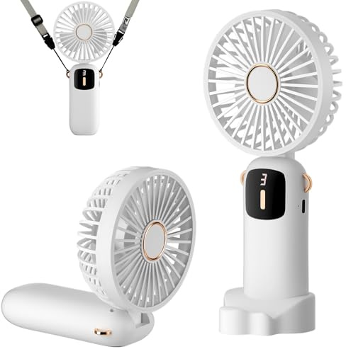 HUAXITRA Handheld Fan, Mini Portable Fan Handheld with 5 Speeds, 180°Adjustable Mini Fan Hand Held Fans Foldable Desk Desktop Fans with Smart Display for Home Office Bedroom Outdoor Travel (White)