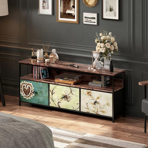 Mueble de TV de metal, soporte para TV de 55 pulgadas, mesa de TV con LED ajustable y 3 cajones de PU, marco de metal con estantes de almacenamiento, para salón o dormitorio (colorido, 108 x 57 x 30)