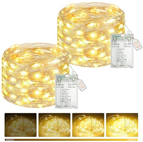 btfarm 2 Pack Fairy Lights Battery Operated with Timer Dimmable, 8 Modes String Lights USB Powered, 5 M 50 LED Christmas Small Lights Waterproof for Xmas Tree Indoor Outdoor Bedroom Decor, Warm White