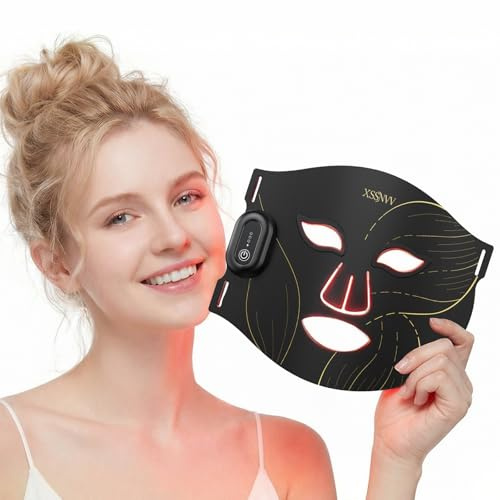 XSSNVV Masque LED Visage Sans Fil avec Refroidissement, 4 Modes Masque Luminothérapie Lumière Rouge & Infrarouge 850 nm, LED Mask, Télécommande, Autonomie 60 min, Réglable, avec Couvre-yeux, NVV02