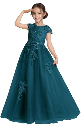 Tul Flor Niña Vestidos Encaje Bordado Cap Mangas Una Línea Larga Pageant Vestidos de Fiesta para Niños, verde petróleo, 12 años