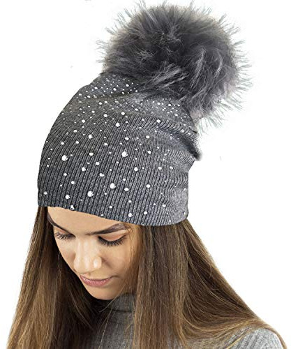 TOSKATOK®Gorro de Punto Damas de Invierno con Apliques Glitter de Diamante y Pompones Grandes de Piel sintética