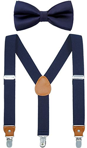 WELROG Child Boys Adjustable Silk Bowties & Suspender Sets Y Back Metal Clips Genuine Leather Suspenders (Navy blue + Navy blue bowtie)