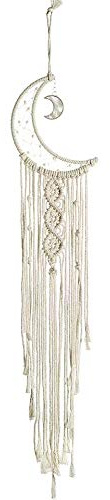 MOONFLY Dream Catcher with Handmade Moon Star Design Woven Cotton Macrame Wall Hanging Boho Home Decoration Ornament Craft Gift for Bedroom Living Room Wedding Party (White Moon)