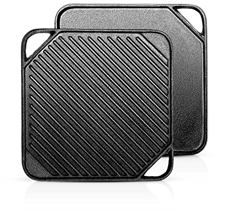 1-Piece 10.6 inch Cast Iron Griddle Plate | Reversible Square Cast Iron Grill Pan for Single burner| Double Sided Used on Open Fire & in Oven | Pre-Seasoned |Versatile Baking Griddle