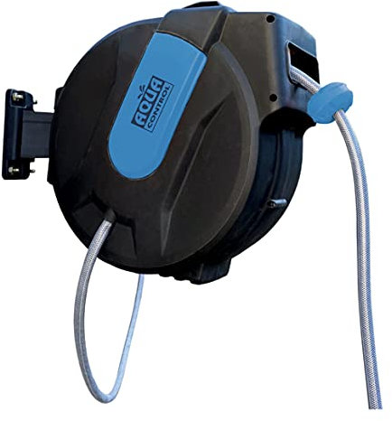 Enrollador automático de manguera para pared. Con 20 metros de manguera y conexiones y lanza en bimateria (plástico y caucho) para mejor agarre