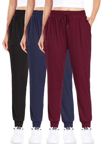 ZENEX 3 Pack Womens Joggers Women's Sweatpants with Pockets, for Running Yoga Workout Lounge(601-L/XL-B/BUR/NA)